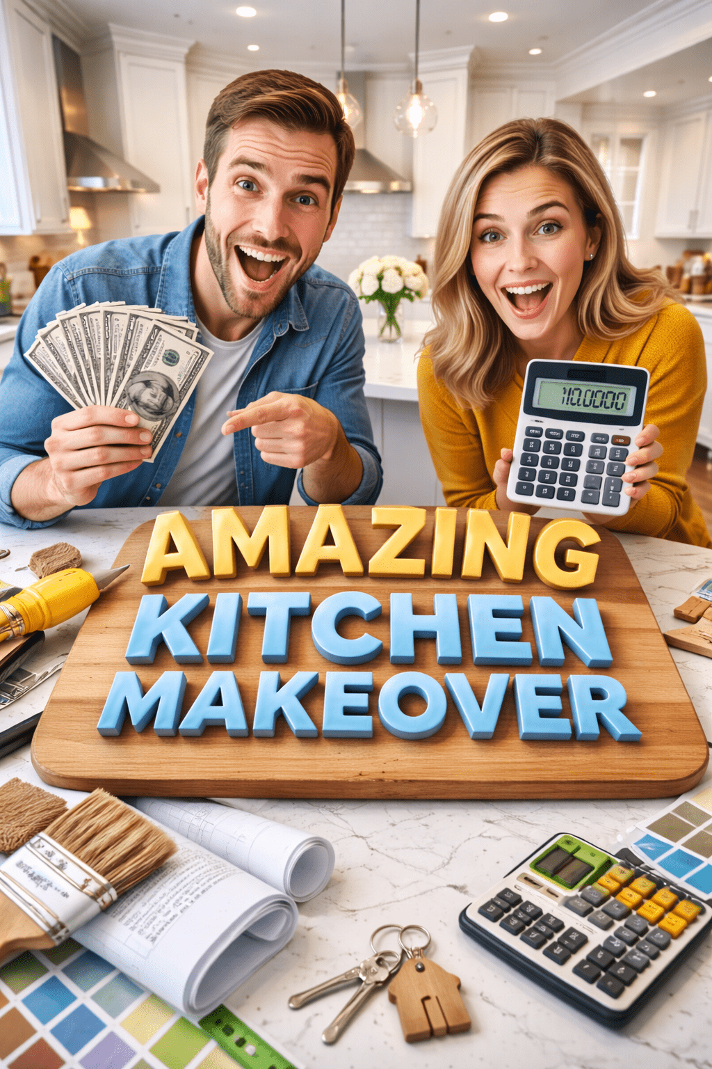 Excited couple celebrates kitchen transformation