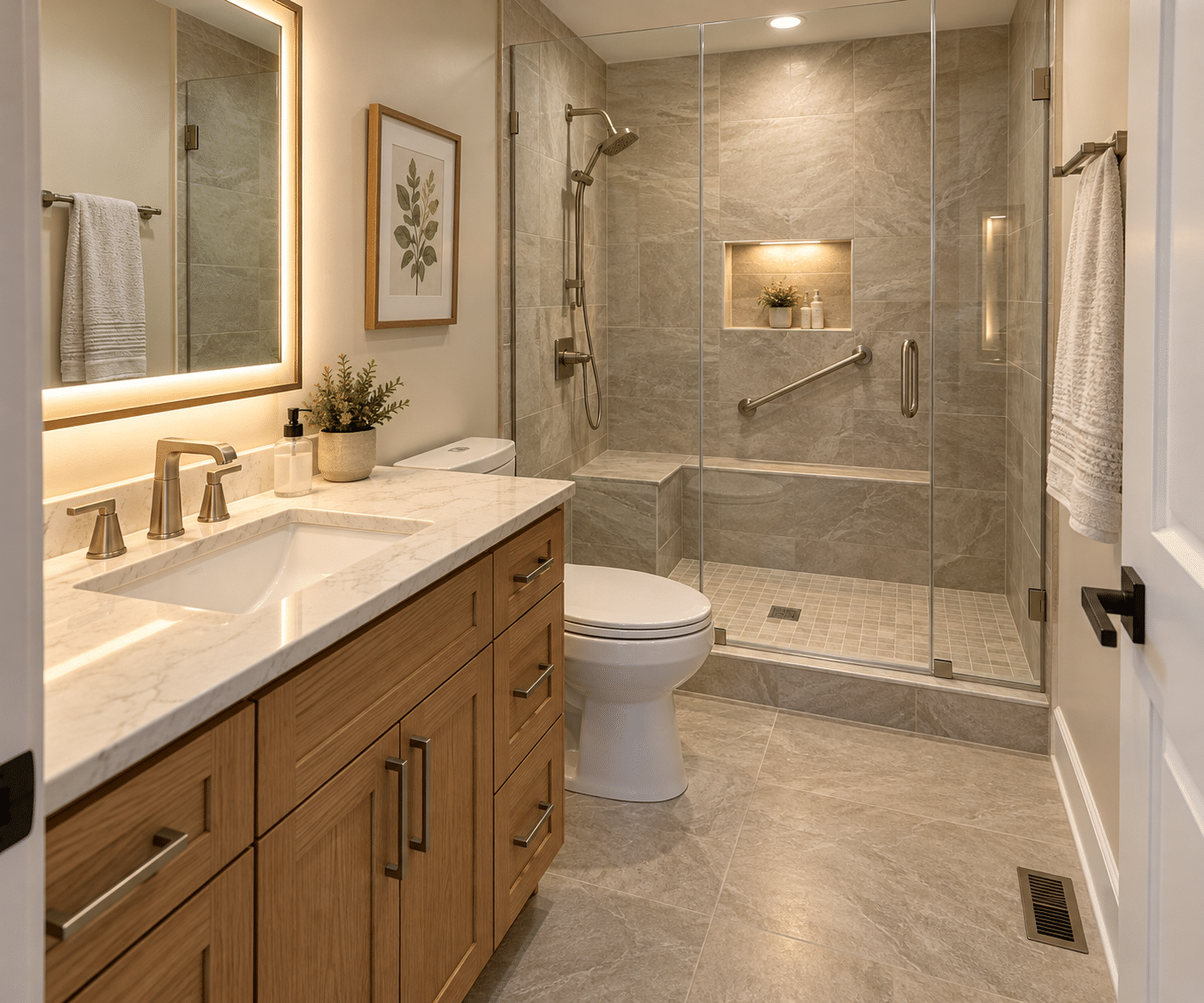 Compact bathroom concept featuring a tiled walk-in shower with bench, glass door, grab bar and oak vanity