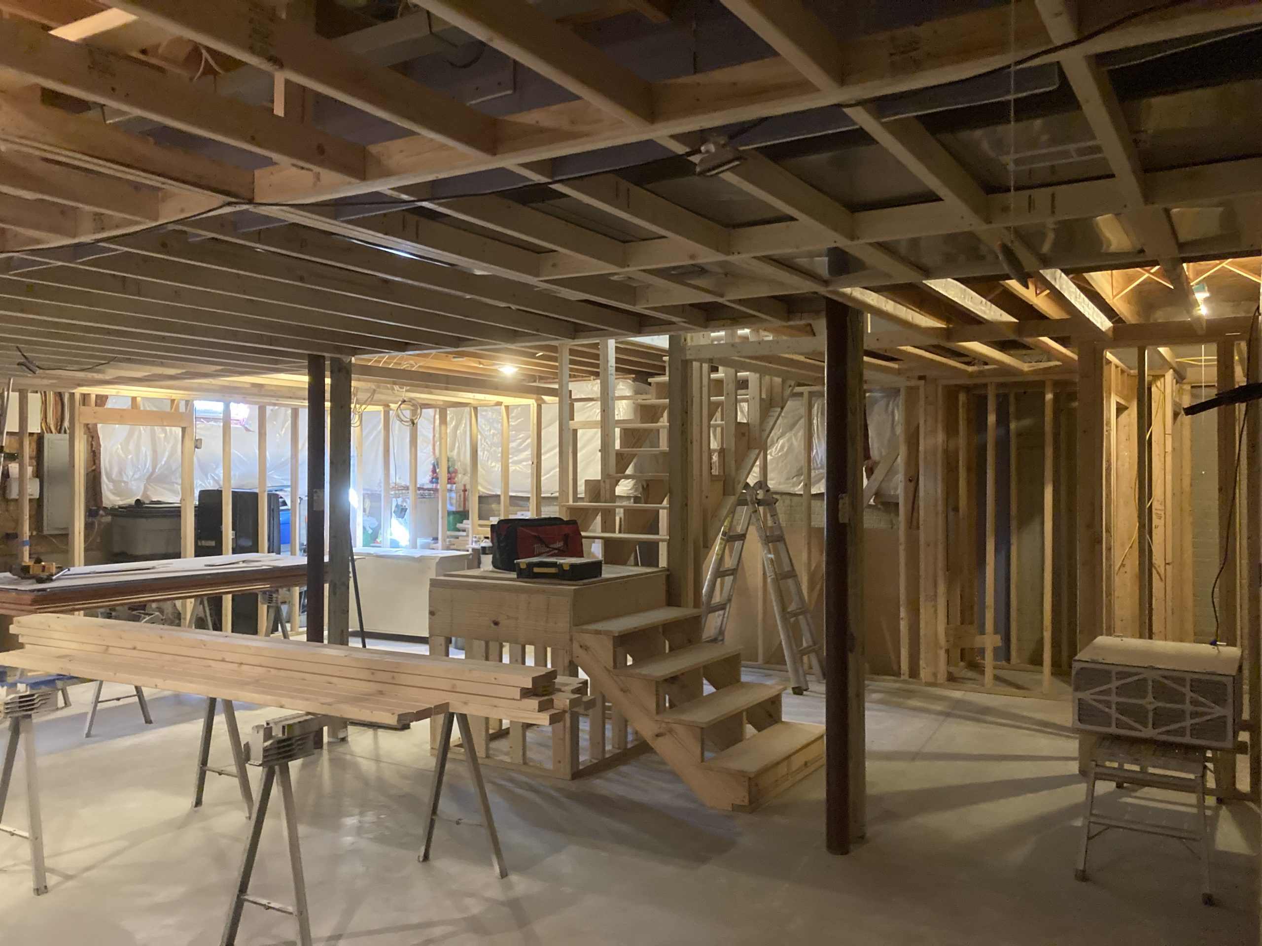 Basement framing before the finished remodel