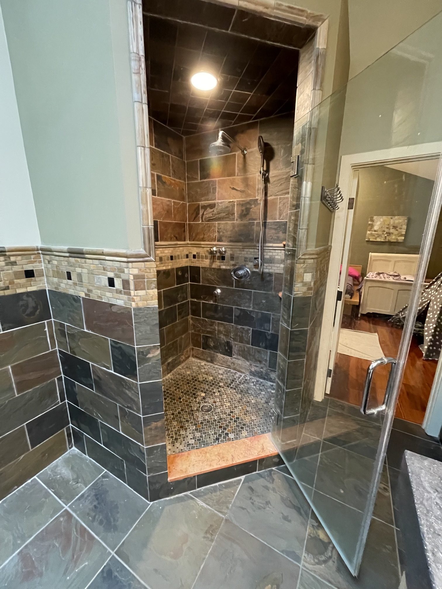 Chagrin Falls bathroom before renovation: Original tiled shower