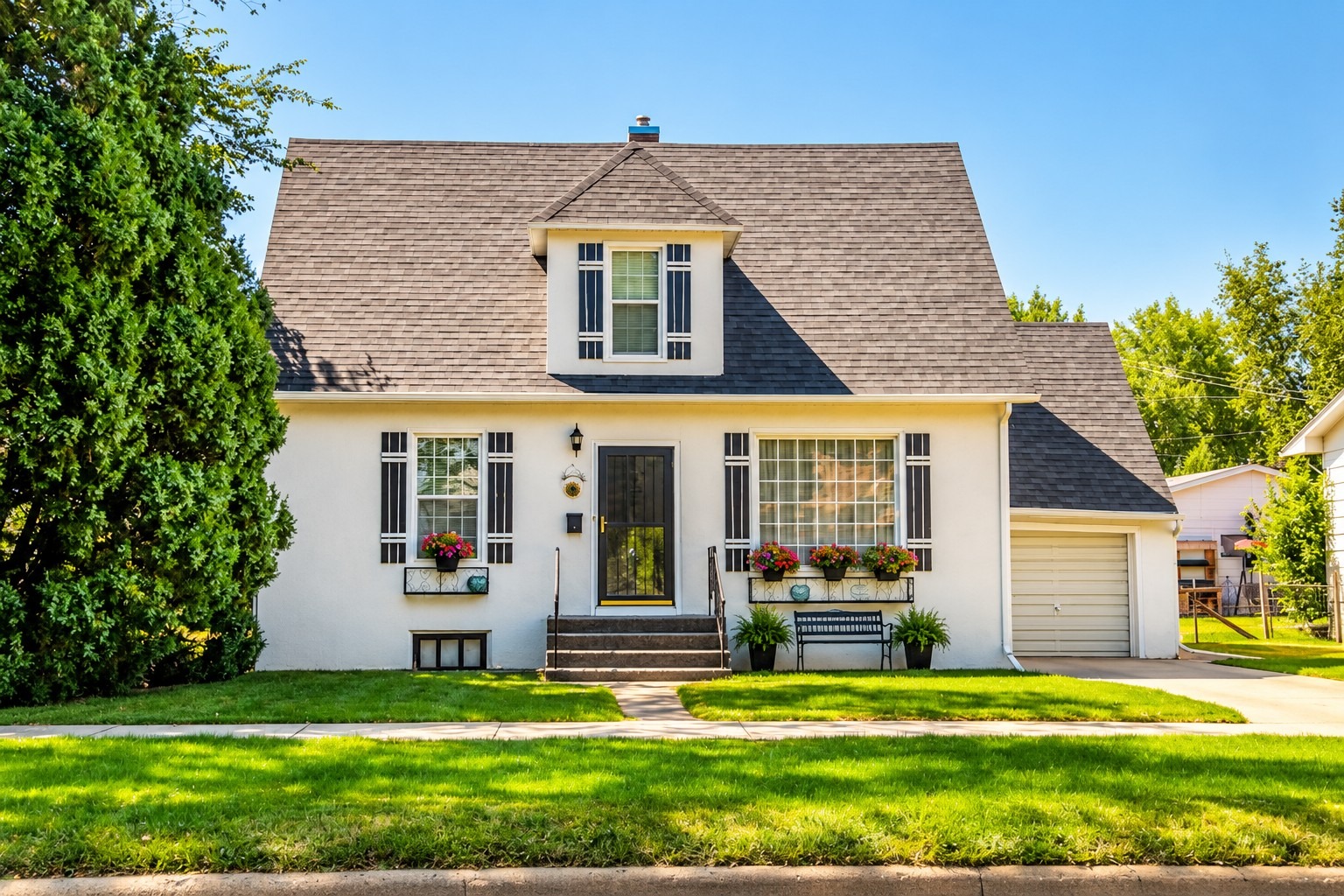Attractive white suburban house with landscaped lawn and flower boxes, no people